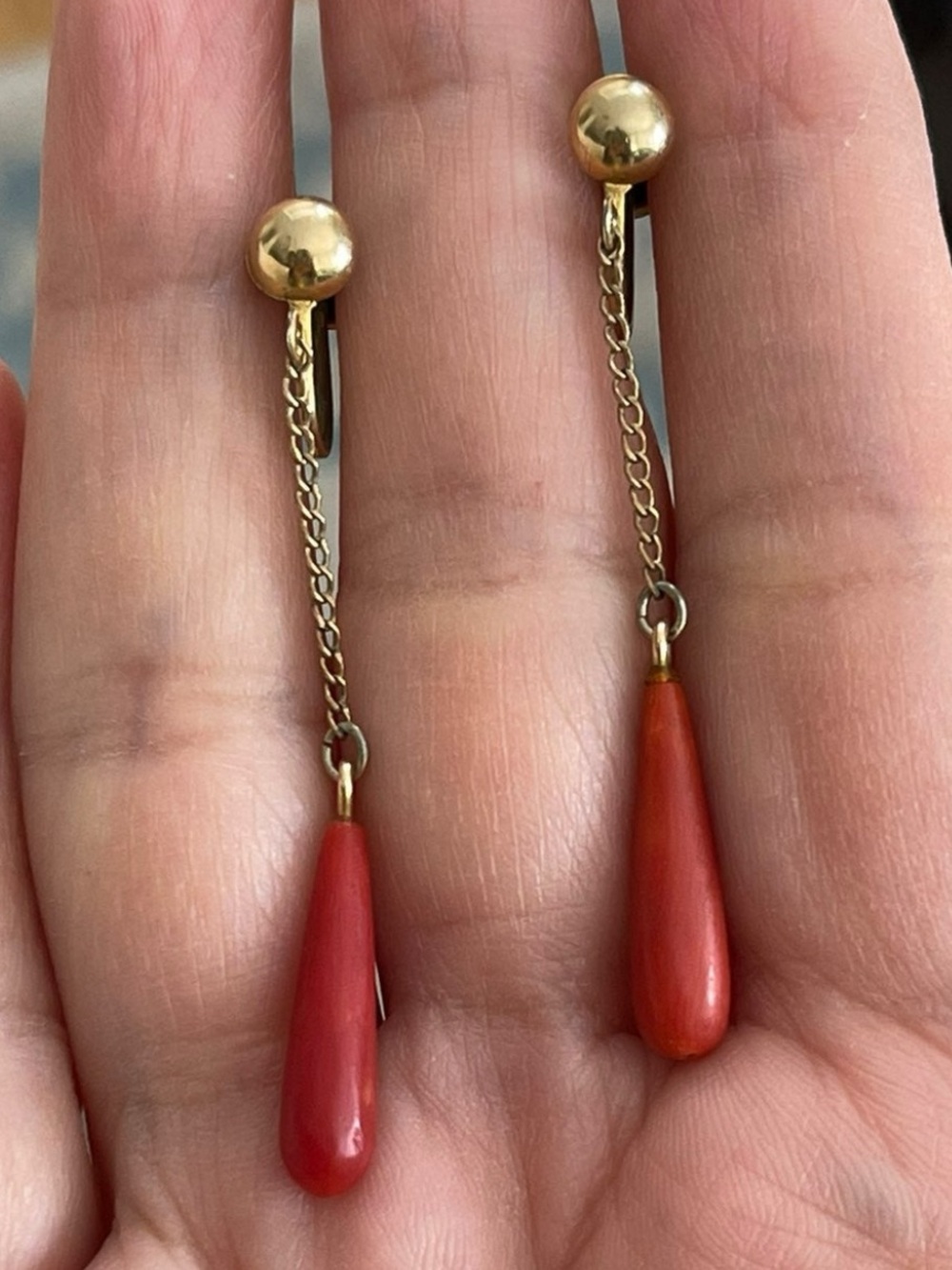 Italian undyed red coral 12K gold filled drop earrings